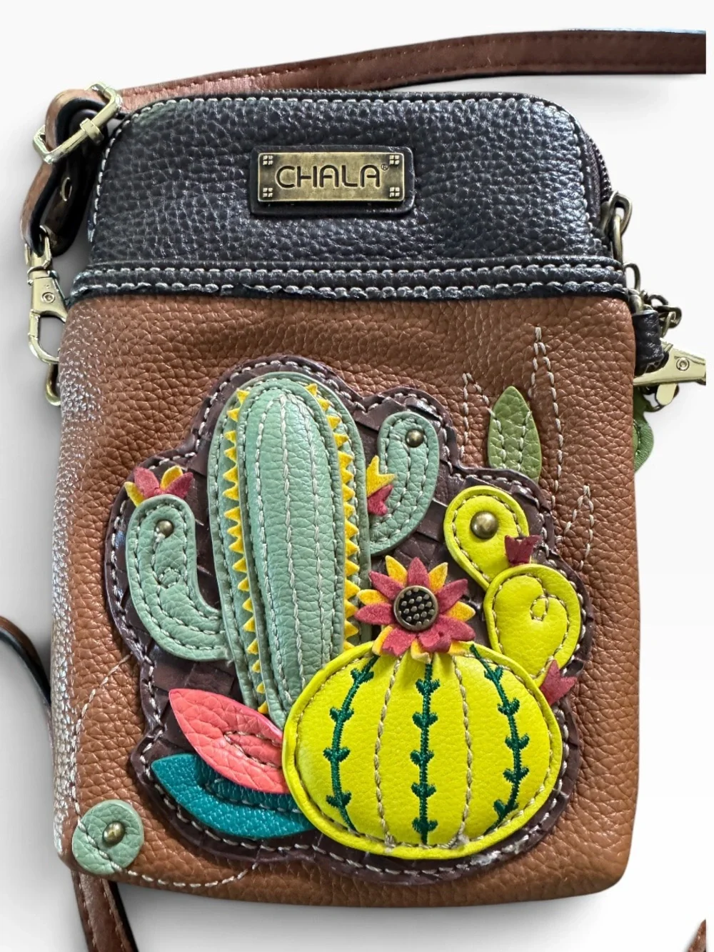 Chala Cactus Cellphone Crossbody Bag Brown Vegan Leather Smartphone Purse